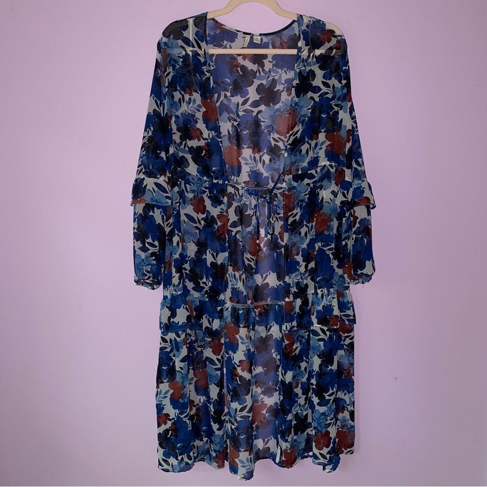 Dress Barn Duster XL Sheer Floral Robe Ruffle Tiered Longline Tie Front